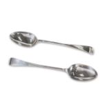 A PAIR OF VICTORIAN HEAVY SILVER BASTING SPOONS, by Joseph Ridge