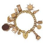 A GOLD-PLATED CHARM BRACELET, charms include tower