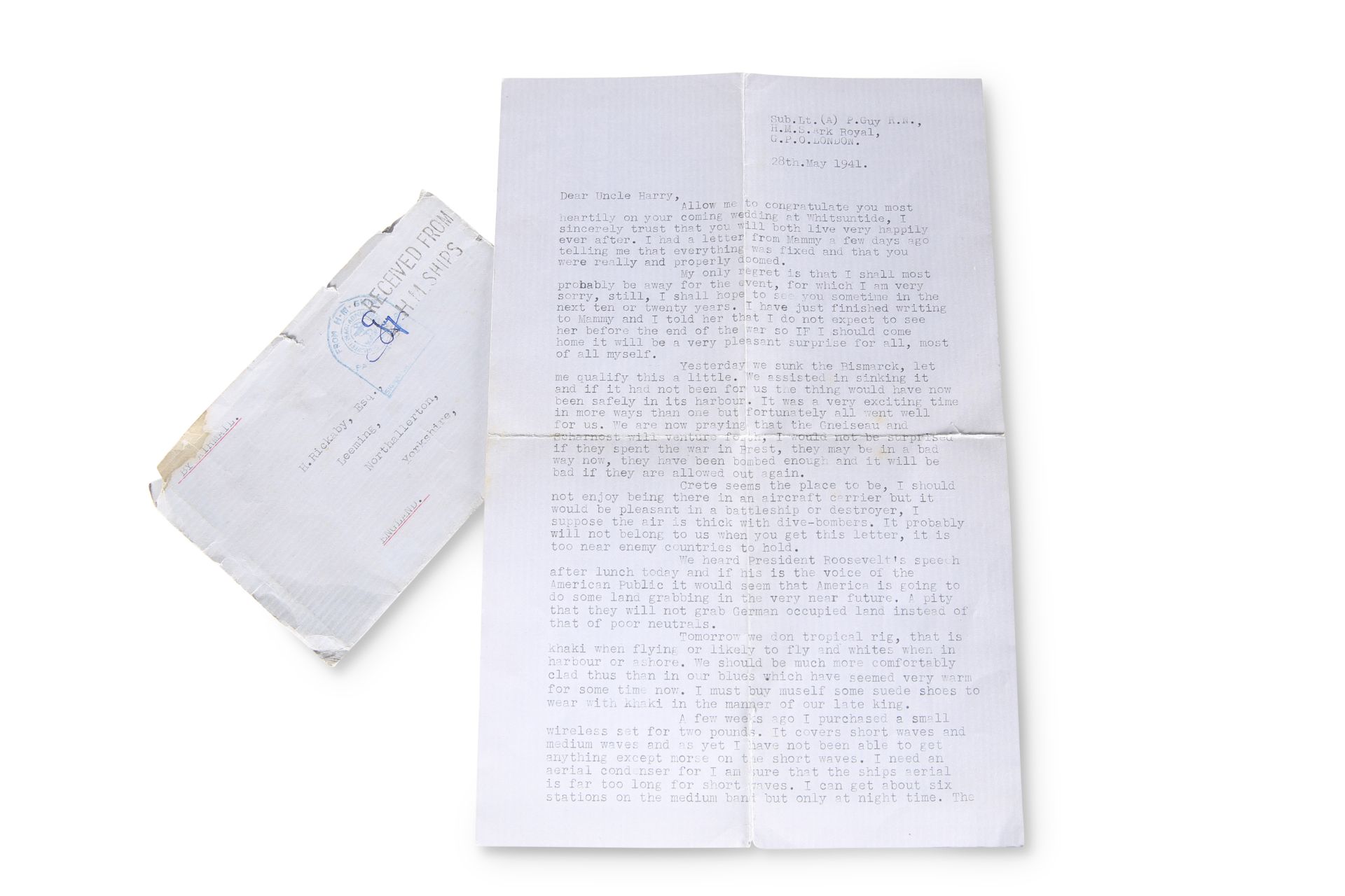 A TWO-SIDED TYPED LETTER FROM SUB. LT. (A) P. GUY R.N. OF H.M.S. ARK ROYAL