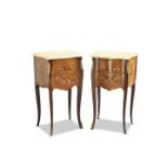 A PAIR OF LOUIS XV STYLE GILT-METAL MOUNTED, MARBLE-TOPPED AND INLAID BEDSIDE TABLES