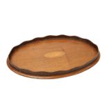 A SMALL EDWARDIAN INLAID MAHOGANY OVAL TRAY,