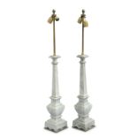 A PAIR OF GREY MARBLE TABLE LAMPS, of columnar form, brass fittings.