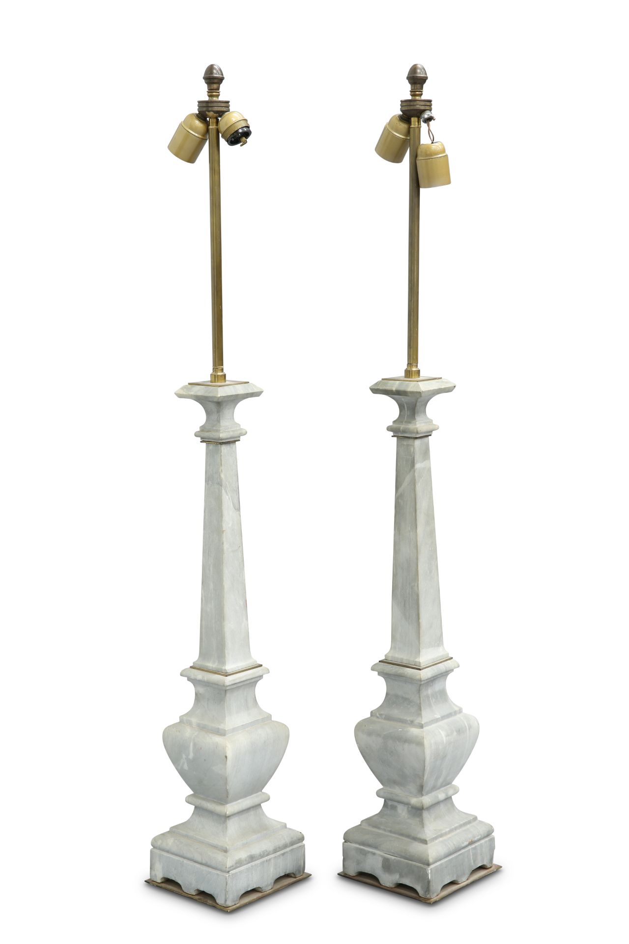 A PAIR OF GREY MARBLE TABLE LAMPS, of columnar form, brass fittings.