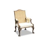 A FINE GEORGE II/III CARVED WALNUT GAINSBOROUGH CHAIR OF GENEROUS PROPORTIONS