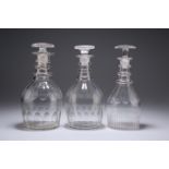 THREE 19TH CENTURY TRIPLE RING NECK GLASS DECANTERS