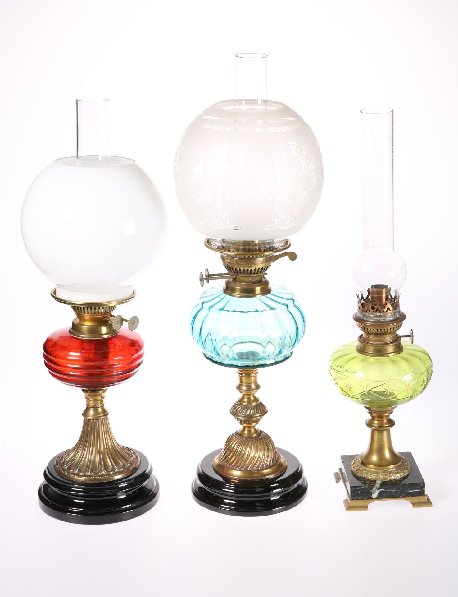 THREE VICTORIAN BRASS OIL LAMPS