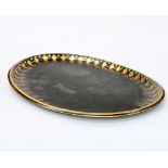 A LARGE VICTORIAN TOLEWARE TRAY, oval with gilded decoration