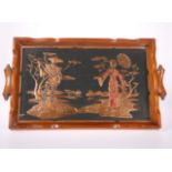 A CHINOISERIE TEAK AND COPPER TRAY