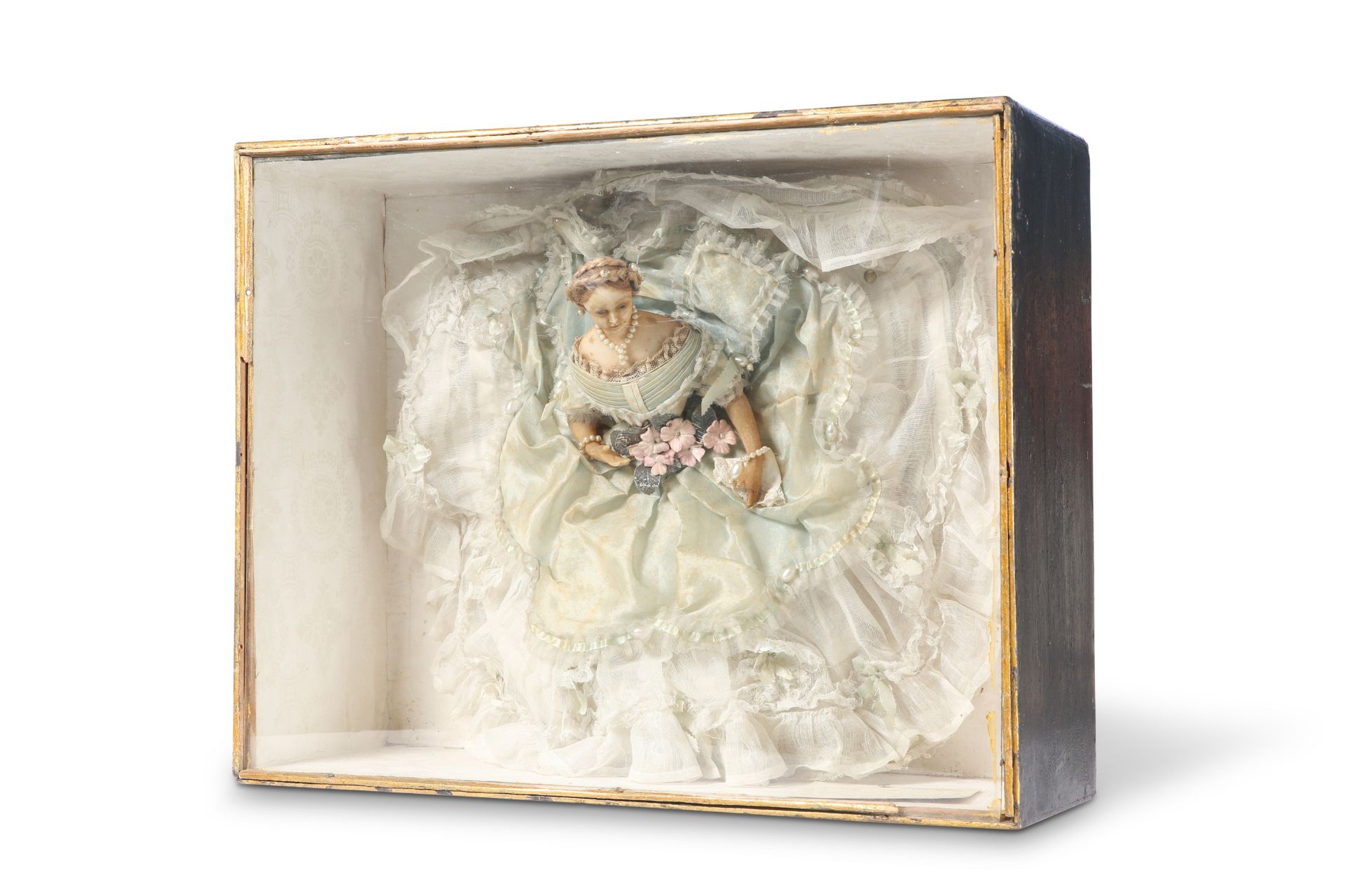 A 19TH CENTURY CASED WAX DOLL