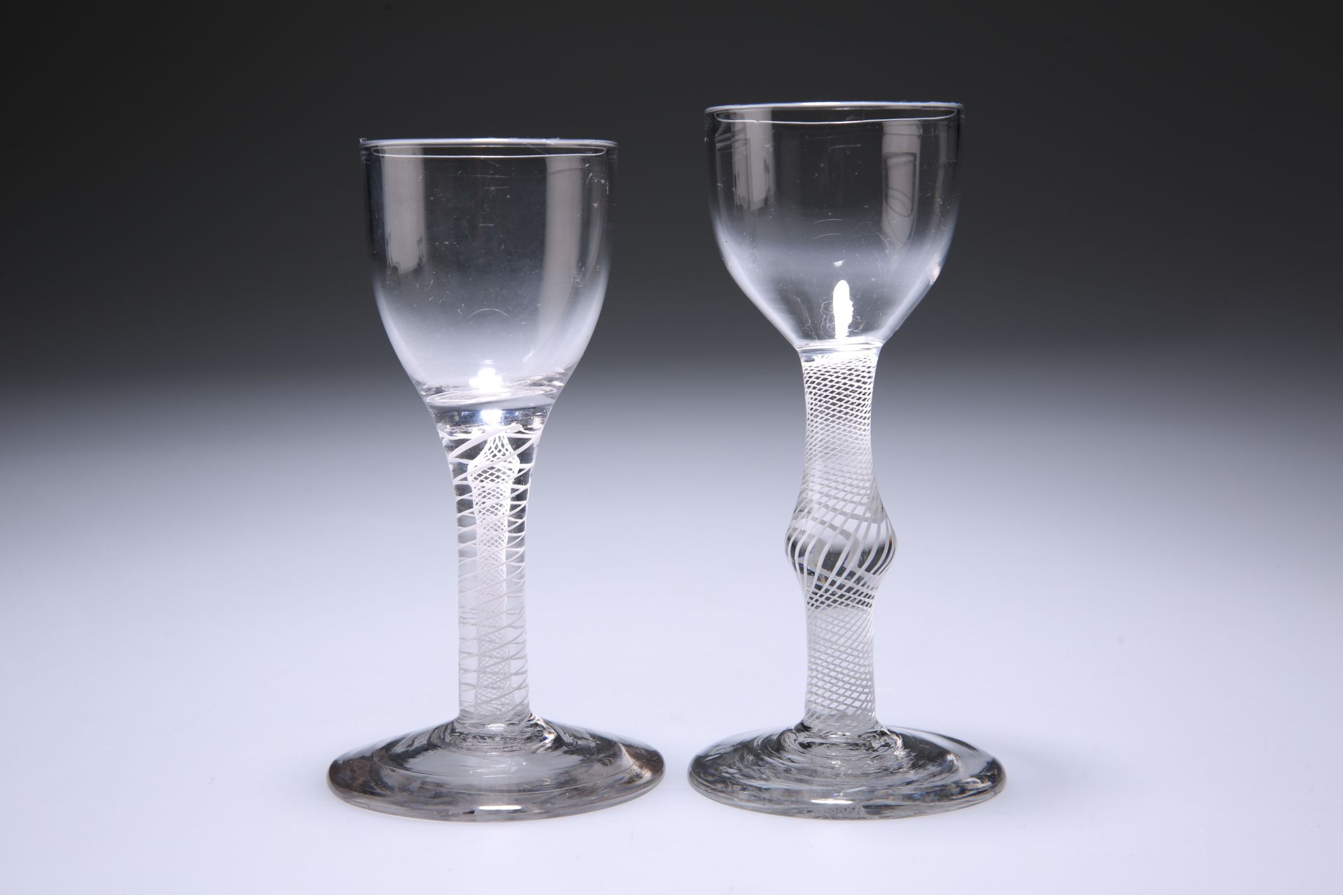 TWO OPAQUE TWIST CORDIAL GLASSES