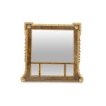 A 19TH CENTURY PARCEL-GILT WALNUT OVERMANTEL MIRROR