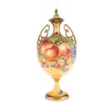 FRUIT PAINTED TWO-HANDLED PORCELAIN VASE AND COVER, BY S. LAFFORD
