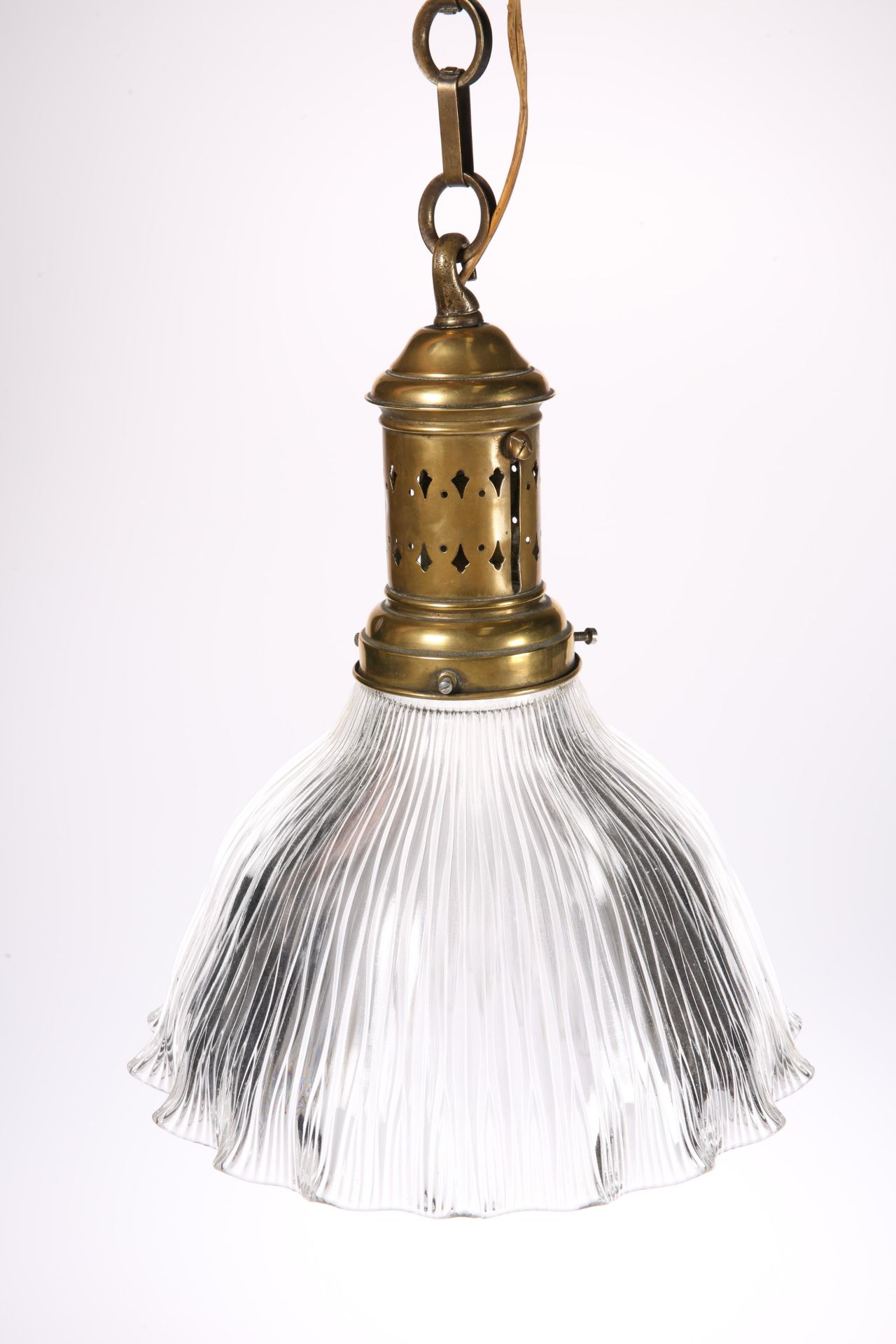 A DUTCH BRASS AND MOULDED GLASS HANGING LIGHT