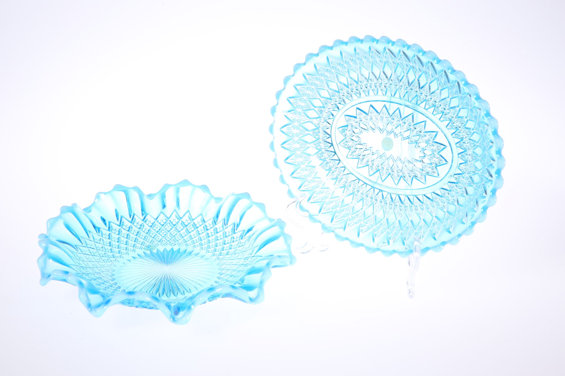 TWO BLUE PEARLINE GLASS SERVING DISHES, LATE 19TH CENTURY