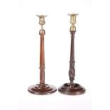 TWO GEORGE III STYLE MAHOGANY AND BRASS CANDLESTICKS