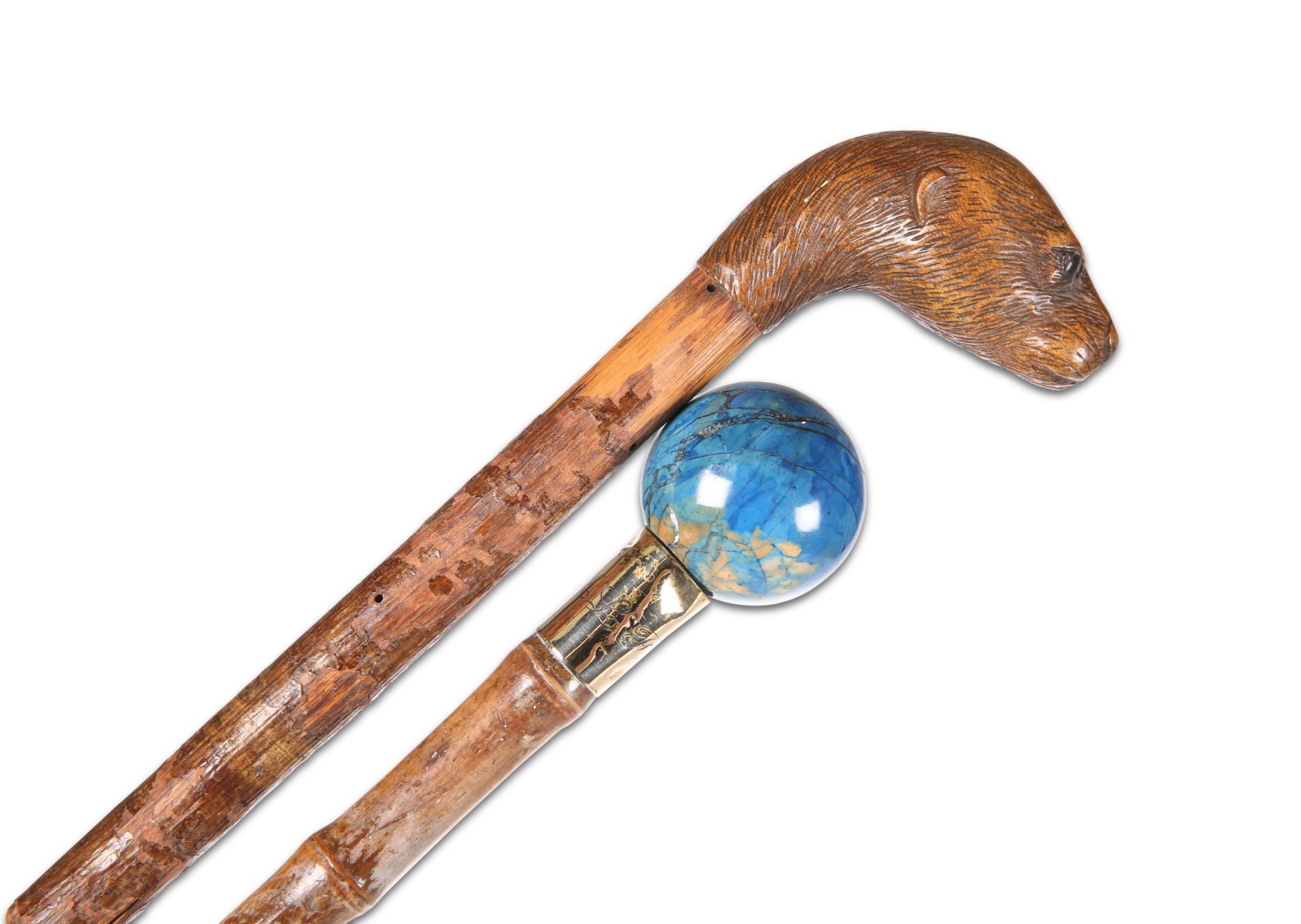 A BAMBOO CANE WITH LAPIS LAZULI HANDLE