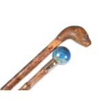A BAMBOO CANE WITH LAPIS LAZULI HANDLE