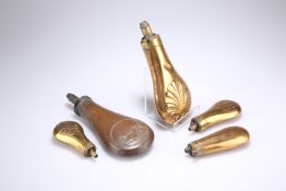 FIVE VICTORIAN COPPER POWDER FLASKS