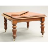 A VICTORIAN MAHOGANY EXTENDING DINING TABLE, the moulded top with rounded corners, raised on