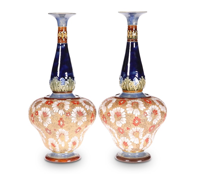 A LARGE PAIR OF DOULTON LAMBETH STONEWARE VASES