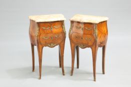 A PAIR OF LOUIS XV STYLE MARBLE-TOPPED KINGWOOD TABLES