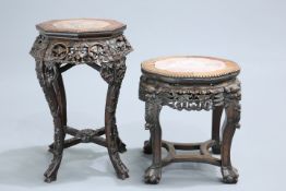 TWO CHINESE MARBLE-INSET HARDWOOD STANDS