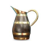 A BRASS AND COOPERED OAK PITCHER, of ovoid form. 50.5cm high