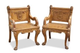 A PAIR OF FINE QUALITY CARVED OAK ARMCHAIRS, LAST QUARTER 19TH CENTURY