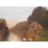 ENGLISH SCHOOL, MOTHER AND CHILD WATCHING SWANS ON A RIVER