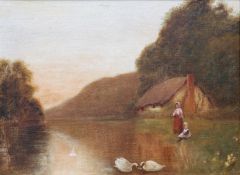 ENGLISH SCHOOL, MOTHER AND CHILD WATCHING SWANS ON A RIVER