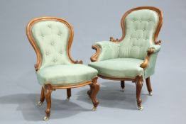 A PAIR OF VICTORIAN MAHOGANY FRAMED GENTLEMAN'S AND LADY'S CHAIRS