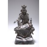 AN INDIAN BRONZE FIGURE OF A DEITY, cast seated. 22cm high