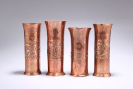 FOUR ARTS AND CRAFTS COPPER FLOWER VASES