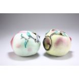 A PAIR OF CHINESE ENAMELLED PORCELAIN MODELS OF PEACHES
