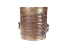 A SOUTH INDIAN METAL-MOUNTED HARDWOOD RICE BUCKET