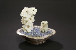 A CHINESE JADE, LAPIS AND WHITE-METAL JARDINIERE GROUP