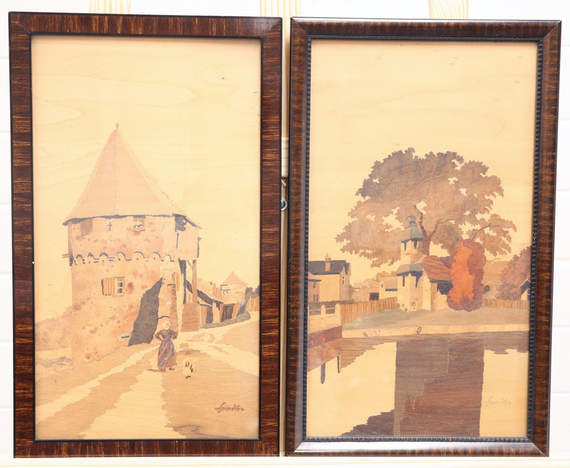A PAIR OF CHARLES SPINDLER (1865-1938) MARQUETRY PICTURES