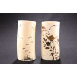 A PAIR OF JAPANESE MEIJI PERIOD CARVED IVORY AND LACQUERED TUSK VASES