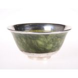 A CHINESE NEPHRITE BOWL WITH WHITE-METAL MOUNTS