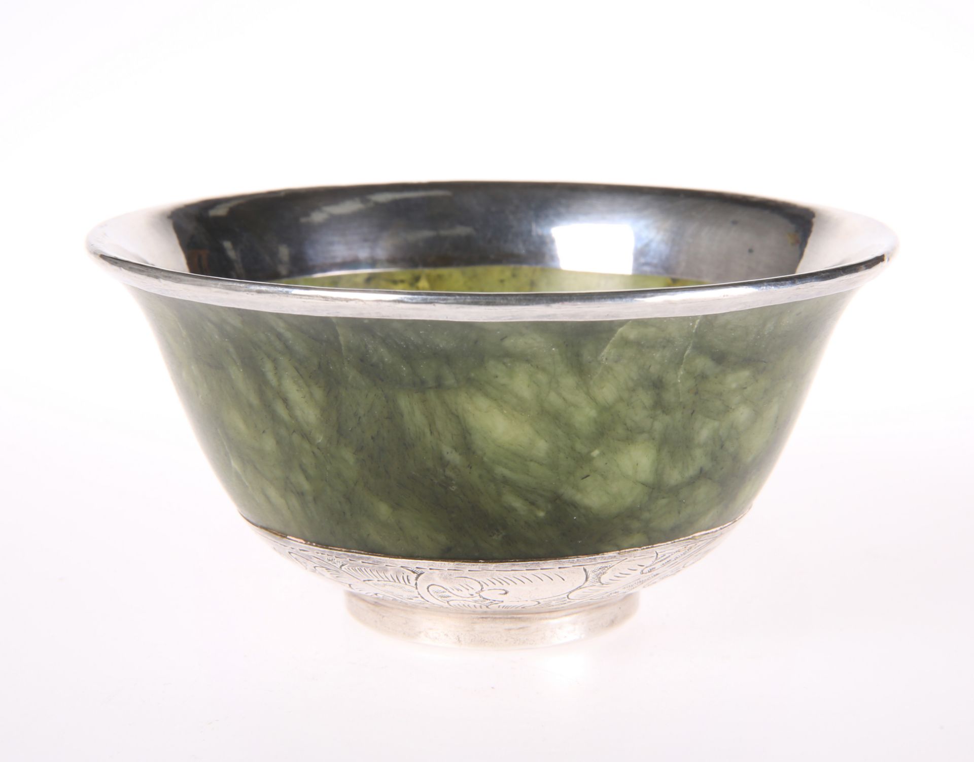 A CHINESE NEPHRITE BOWL WITH WHITE-METAL MOUNTS