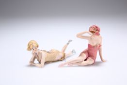 TWO CONTINENTAL BISQUE PORCELAIN BATHING BELLES FIGURES