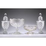 A PAIR OF EARLY 19TH CENTURY CUT-GLASS URNS AND COVERS