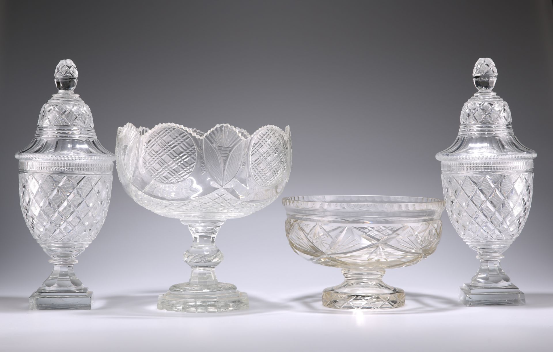 A PAIR OF EARLY 19TH CENTURY CUT-GLASS URNS AND COVERS