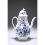 A WORCESTER BLUE AND WHITE COFFEE POT, CIRCA 1775
