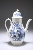 A WORCESTER BLUE AND WHITE COFFEE POT, CIRCA 1775