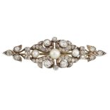 A DIAMOND AND CULTURED PEARL BROOCH