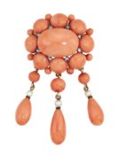 A 19TH CENTURY CORAL, SEED PEARL AND DIAMOND BROOCH