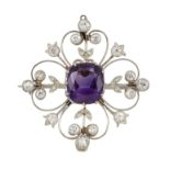 AN AMETHYST AND DIAMOND BROOCH/PENDANT