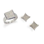 A 14CT DIAMOND AND SAPPHIRE RING AND A NEAR MATCHING PAIR OF '10K' EARRINGS