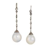 A PAIR OF DIAMOND AND PEARL EARRINGS